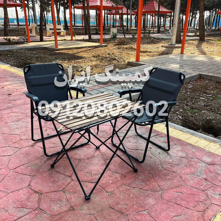 ست دو نفره صندلی تاشو ۹ فنره پلاس با میز چوبی