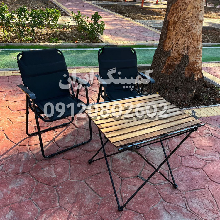 ست دو نفره صندلی تاشو ۹ فنره پلاس با میز چوبی